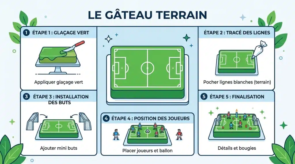 Tutoriel visuel pour réaliser un gâteau d'anniversaire terrain de foot