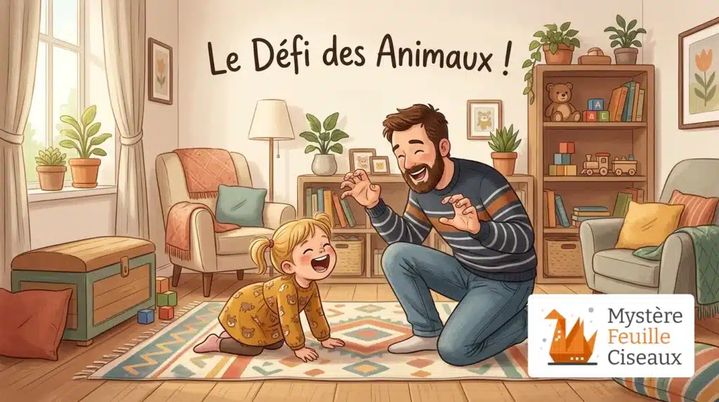 Père et fille s'amusant à imiter des animaux lors d'un défi de motricité