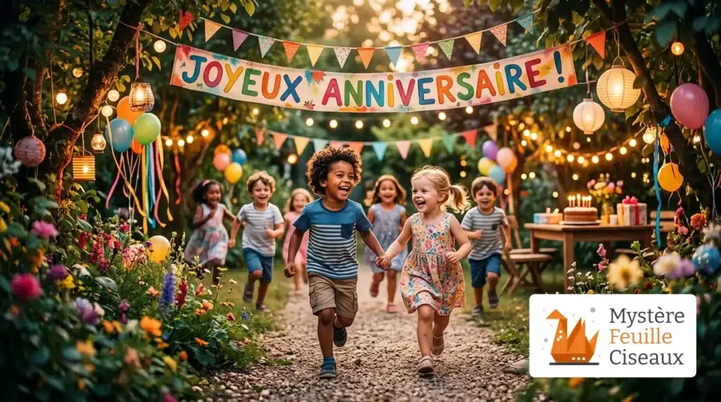Enfants jouant lors d'une fête d'anniversaire dans un jardin