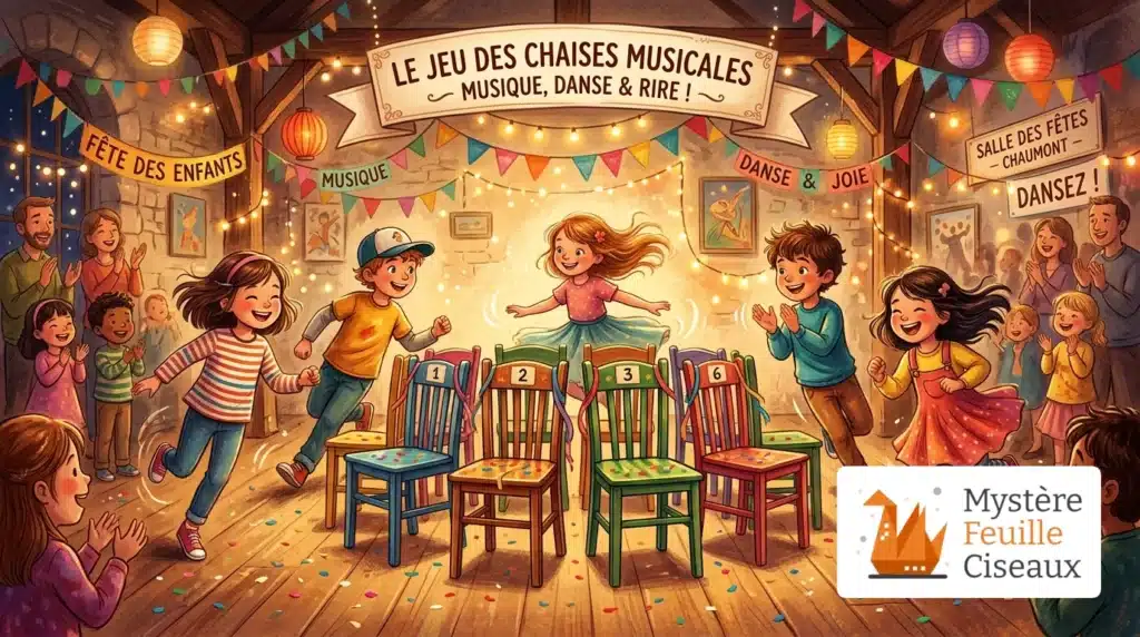 Enfants jouant aux chaises musicales avec enthousiasme