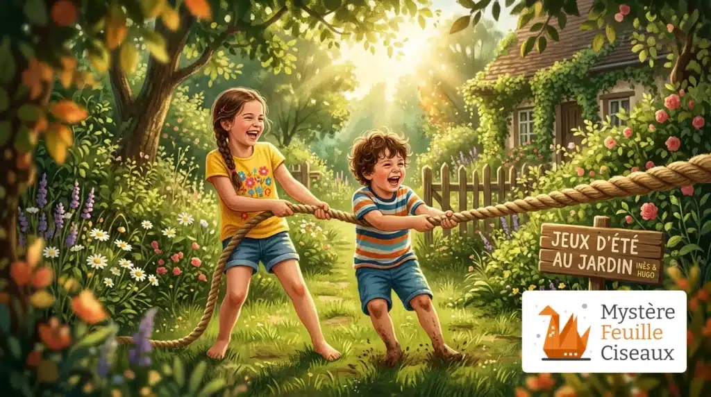 Enfants jouant au tir à la corde dans le jardin