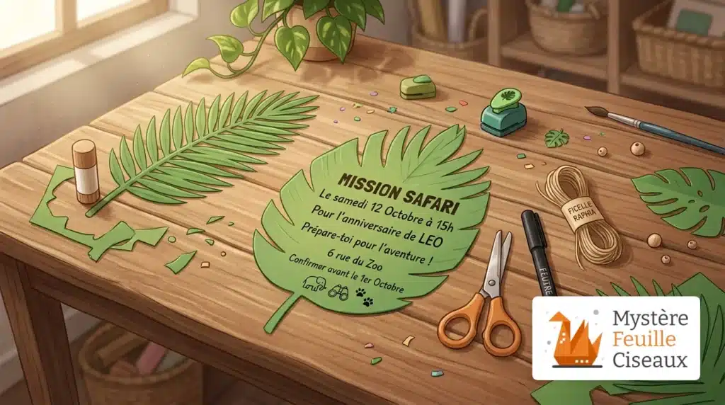 Création d'invitations d'anniversaire sur le thème de la jungle en forme de feuilles tropicales