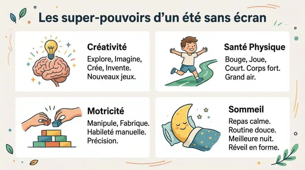 Infographie illustrant les bienfaits de la détox digitale sur les enfants : créativité, motricité et sommeil
