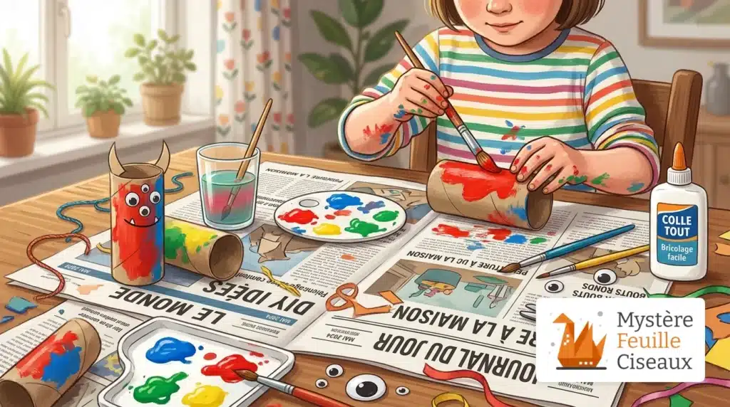Enfant réalisant un bricolage facile et créatif avec des rouleaux de carton et de la peinture