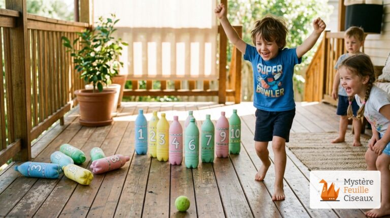 Garçon joyeux levant les bras après avoir renversé des bouteilles colorées de bowling maison avec une balle