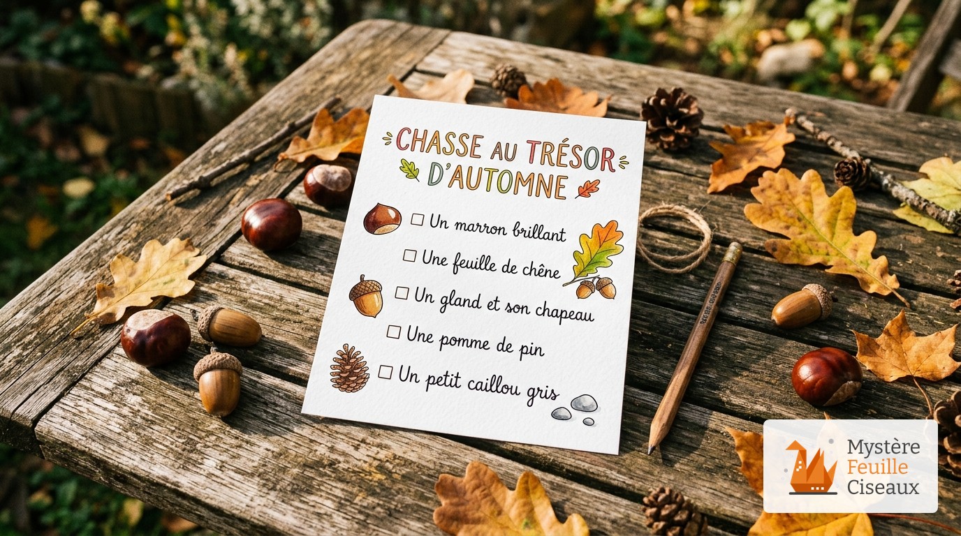 Fiche illustrée de chasse au trésor d'automne avec cases à cocher marron, feuille de chêne, gland et pomme de pin