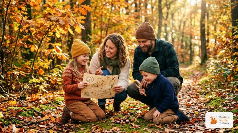 Enfants et parents en forêt préparant une chasse au trésor d'automne avec carte aux trésors et marrons