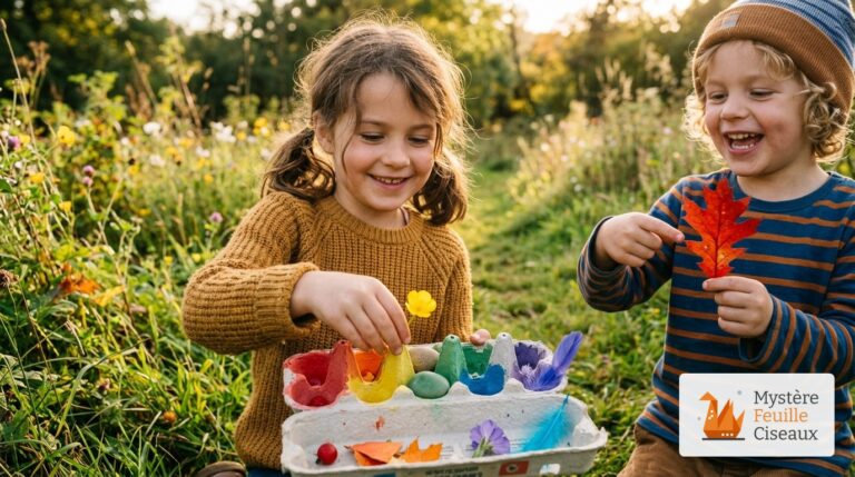 Enfants observant et collectant des éléments colorés de la nature dans une boîte d'œufs pour une chasse aux couleurs