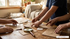 Activité conseil de famille rituel bienveillant : enfants et matériel préparé à la maison sur une table en bois