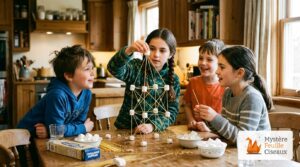 Enfants construisant ensemble une grande tour géométrique avec des spaghettis crus et des chamallows autour de la table