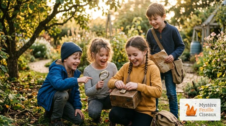 Enfants coopérant lors d'une chasse au trésor en plein air avec une boîte à cadenas