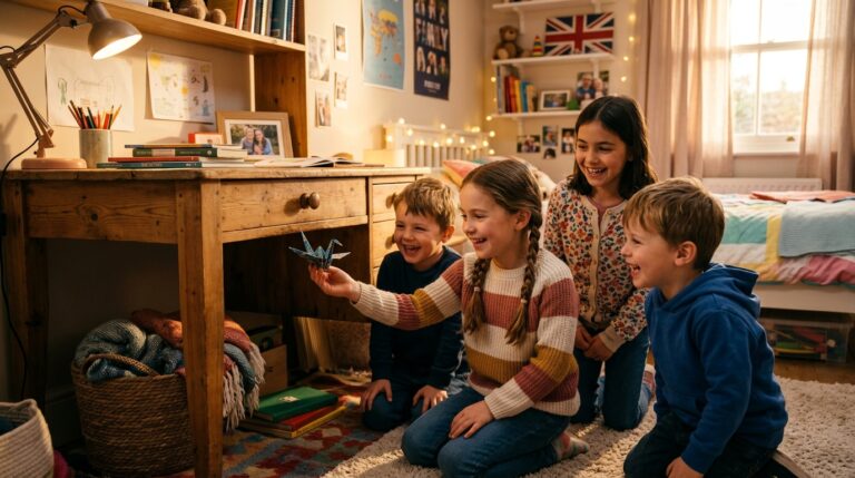 Enfants découvrant un indice en origami caché sous un bureau en bois lors d'un escape game maison dans leur chambre