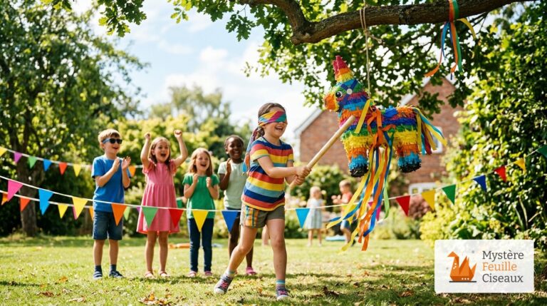 Fillette avec bandeau frappant doucement une piñata colorée suspendue à un arbre pendant que ses copains applaudissent