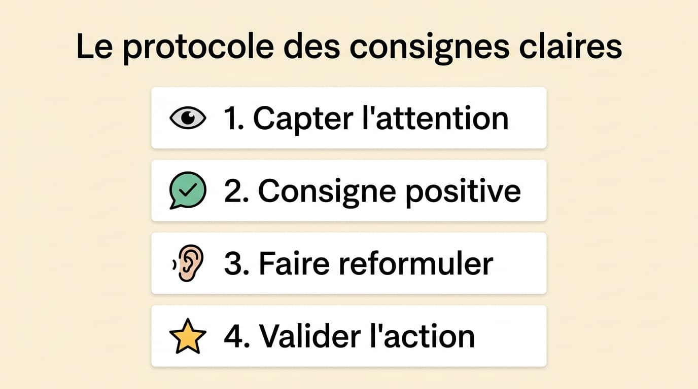 Infographie éducative : Le protocole des consignes claires en 4 étapes pour les enfants avec TDAH