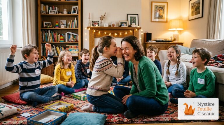Enfants jouant au jeu des ambassadeurs dans le salon, fillette chuchotant à l'oreille et équipe joyeuse