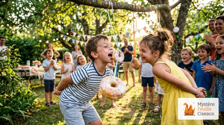 Enfants les mains dans le dos tentant de croquer un donut suspendu à un ruban lors d'un anniversaire dans le jardin