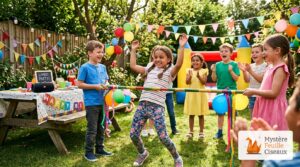 Fillette passant sous la barre de limbo lors d'une fête d'anniversaire en plein air avec musique et copains qui applaudissent