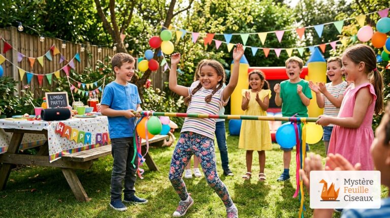 Fillette passant sous la barre de limbo lors d'une fête d'anniversaire en plein air avec musique et copains qui applaudissent