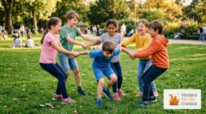 Enfants se tenant les mains en cercle et coopérant joyeusement pour dénouer le nœud humain sur l'herbe