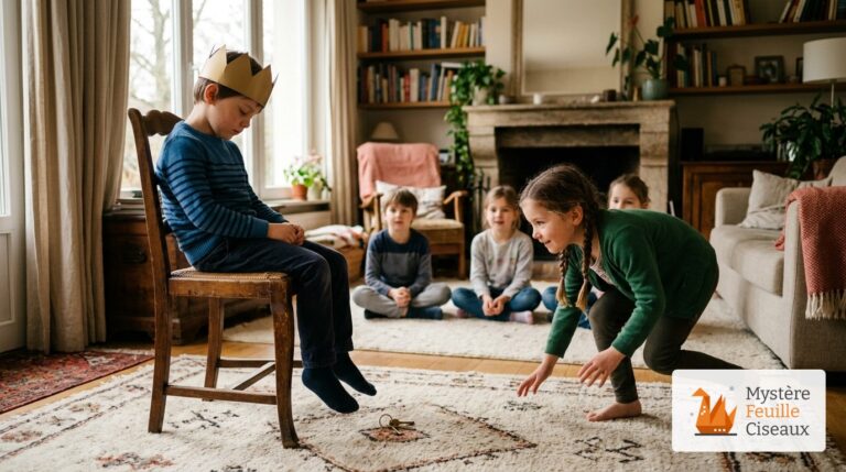 Enfant avec couronne en carton assis sur une chaise les yeux fermés pendant qu'une camarade s'approche à pas de loup pour voler les clés