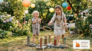 Fillette lançant un anneau de corde vers des piquets numérotés lors d'un jeu de kermesse dans le jardin
