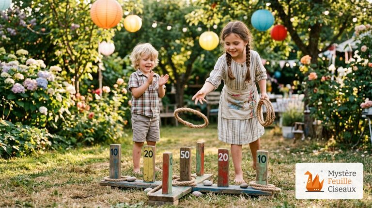 Fillette lançant un anneau de corde vers des piquets numérotés lors d'un jeu de kermesse dans le jardin