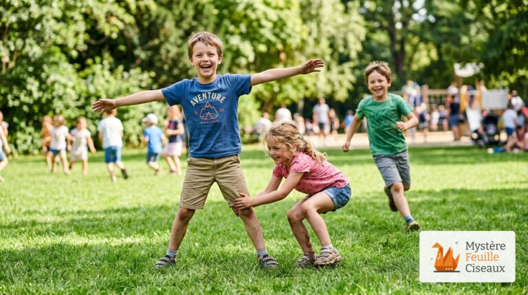 Enfants jouant au loup glacé dans un parc ensoleillé, garçon figé en statue et camarade le délivrant