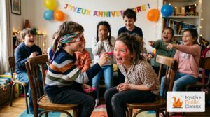 Enfant aux yeux bandés maquillant doucement la joue de sa camarade sous les rires des copains dans le salon
