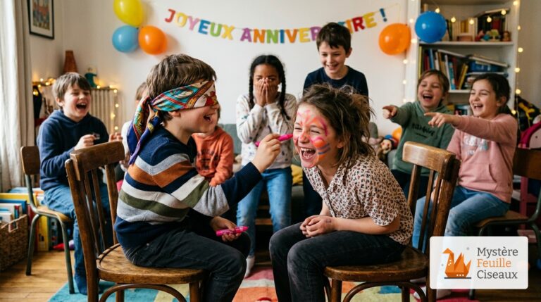 Enfant aux yeux bandés maquillant doucement la joue de sa camarade sous les rires des copains dans le salon