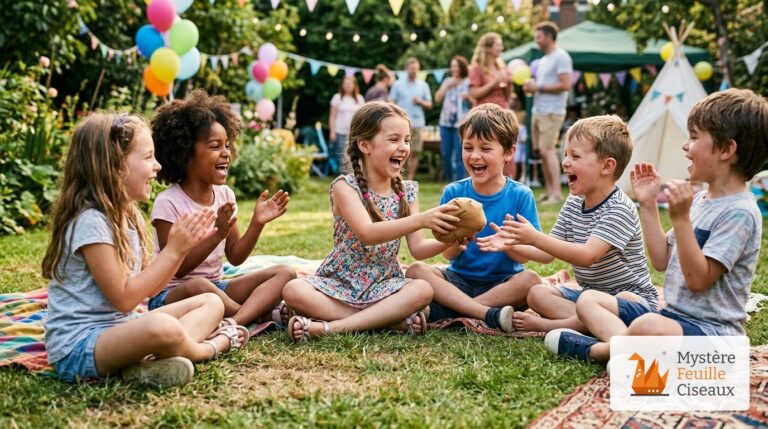 Cercle d'enfants riant aux éclats et se passant rapidement la patate chaude sur une couverture dans le jardin