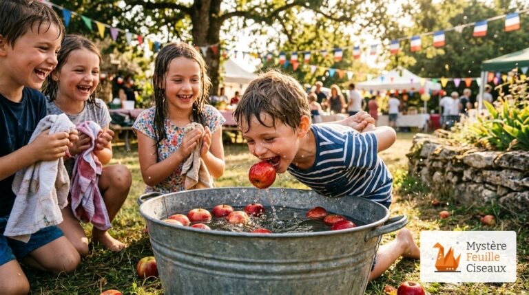 Garçon essayant d'attraper une pomme flottant dans une bassine en zinc lors d'un jeu de kermesse sans les mains