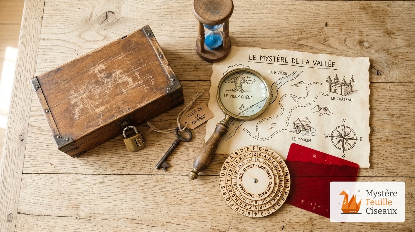Matériel d'enquête tactile en français pour enfants TDAH : coffre en bois, carte au trésor de la vallée, roue de César et filtre rouge