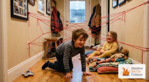 Enfants rampant et s'amusant sous des fils de laine tendus dans le couloir comme un parcours ninja maison