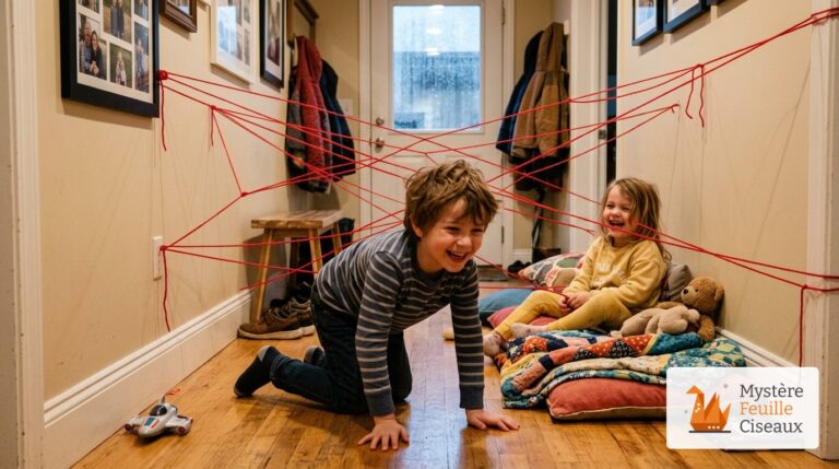 Enfants rampant et s'amusant sous des fils de laine tendus dans le couloir comme un parcours ninja maison