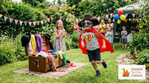 Enfants riant lors d'un relais déguisé dans le jardin avec chapeau de pirate et cape de super-héros