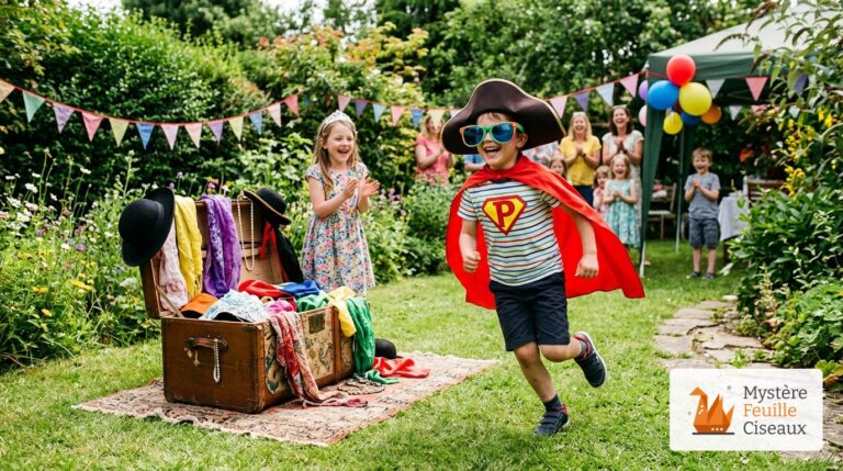 Enfants riant lors d'un relais déguisé dans le jardin avec chapeau de pirate et cape de super-héros