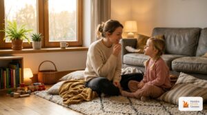 Mère et sa fille assises sur un tapis dans le salon réalisant un jeu de respiration douce pour le retour au calme après l'école