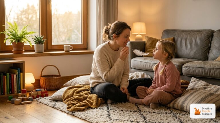 Mère et sa fille assises sur un tapis dans le salon réalisant un jeu de respiration douce pour le retour au calme après l'école