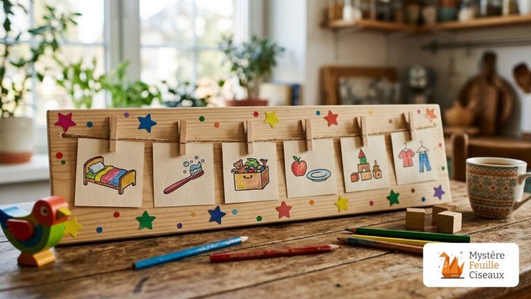 Tableau artisanal de missions quotidiennes et rituels pour enfants avec gommettes et pinces en bois